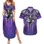 Melbourne Storm Rugby Couples Matching Summer Maxi Dress and Hawaiian Shirt Polynesian Tribal Warrior Lightning Purple Pattern
