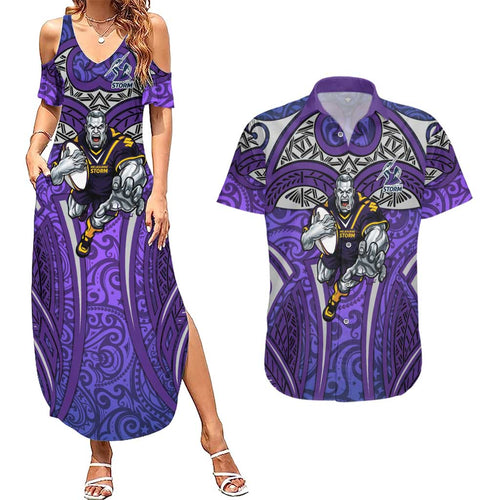 Melbourne Storm Rugby Couples Matching Summer Maxi Dress and Hawaiian Shirt Polynesian Tribal Warrior Lightning Purple Pattern
