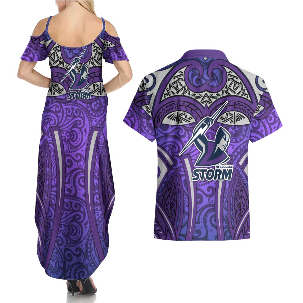 Melbourne Storm Rugby Couples Matching Summer Maxi Dress and Hawaiian Shirt Polynesian Tribal Warrior Lightning Purple Pattern