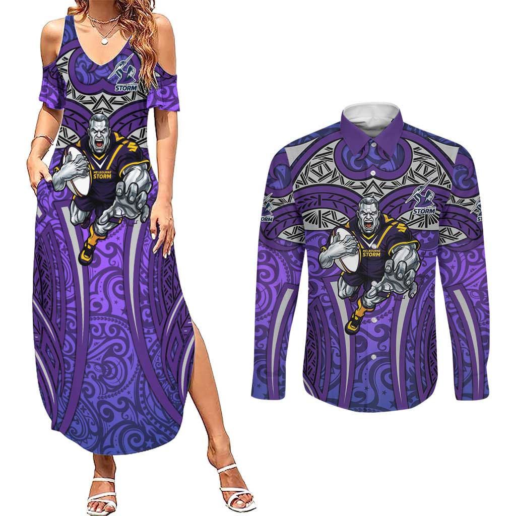 Melbourne Storm Rugby Couples Matching Summer Maxi Dress and Long Sleeve Button Shirt Polynesian Tribal Warrior Lightning Purple Pattern