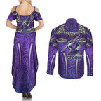 Melbourne Storm Rugby Couples Matching Summer Maxi Dress and Long Sleeve Button Shirt Polynesian Tribal Warrior Lightning Purple Pattern