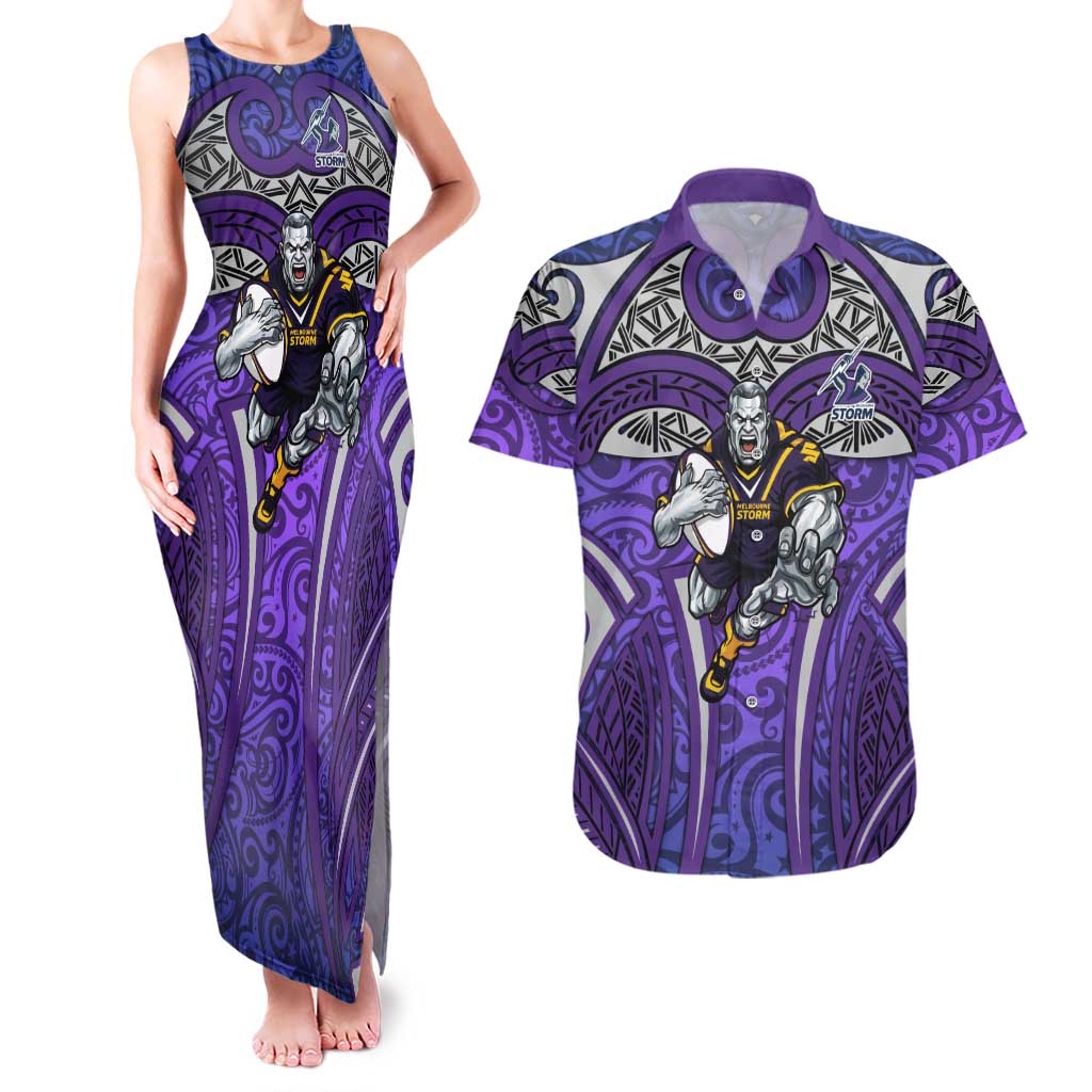 Melbourne Storm Rugby Couples Matching Tank Maxi Dress and Hawaiian Shirt Polynesian Tribal Warrior Lightning Purple Pattern