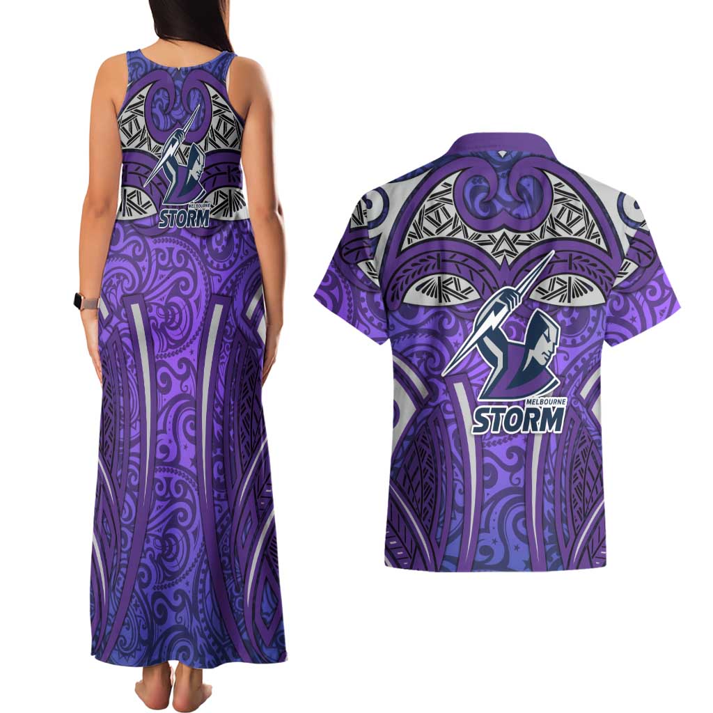 Melbourne Storm Rugby Couples Matching Tank Maxi Dress and Hawaiian Shirt Polynesian Tribal Warrior Lightning Purple Pattern