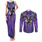 Melbourne Storm Rugby Couples Matching Tank Maxi Dress and Long Sleeve Button Shirt Polynesian Tribal Warrior Lightning Purple Pattern