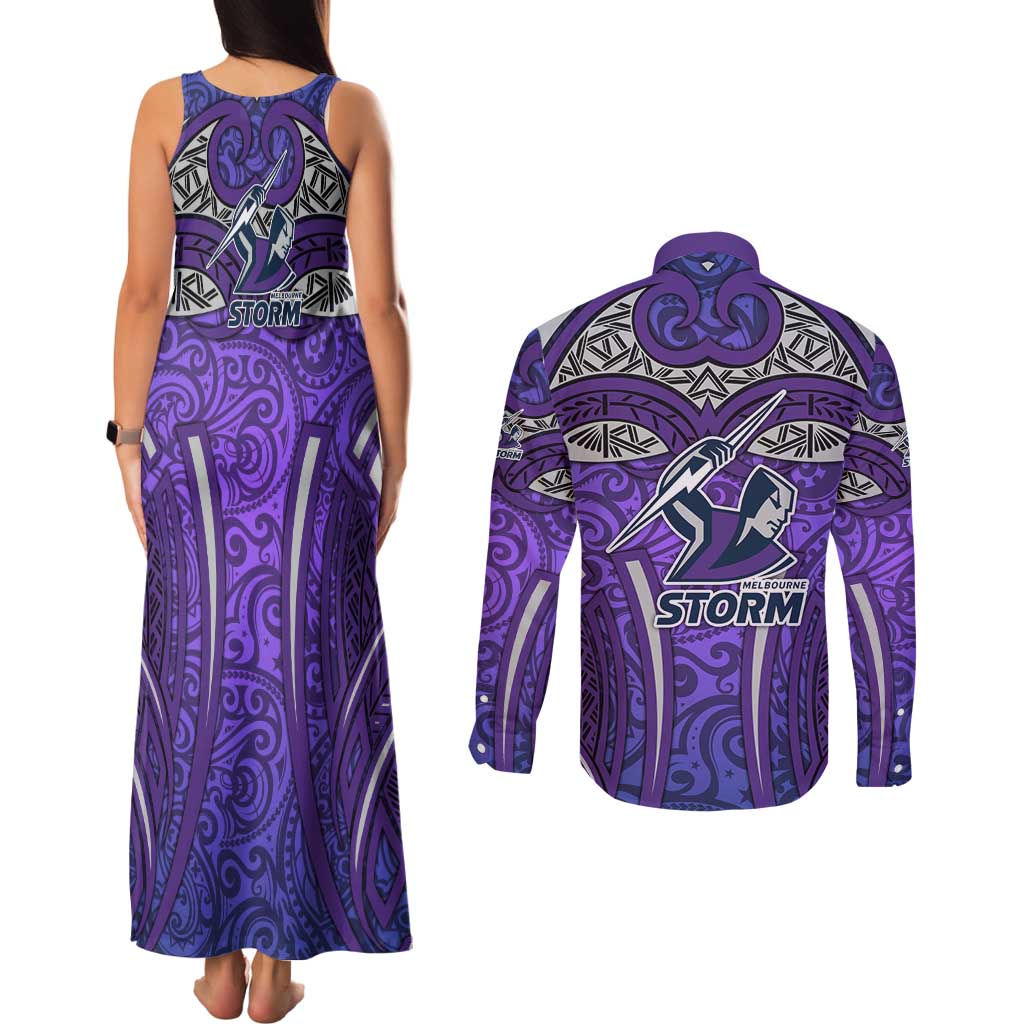 Melbourne Storm Rugby Couples Matching Tank Maxi Dress and Long Sleeve Button Shirt Polynesian Tribal Warrior Lightning Purple Pattern