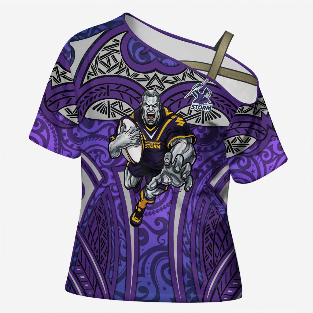 Melbourne Storm Rugby Cross Shoulder Shirt Polynesian Tribal Warrior Lightning Purple Pattern