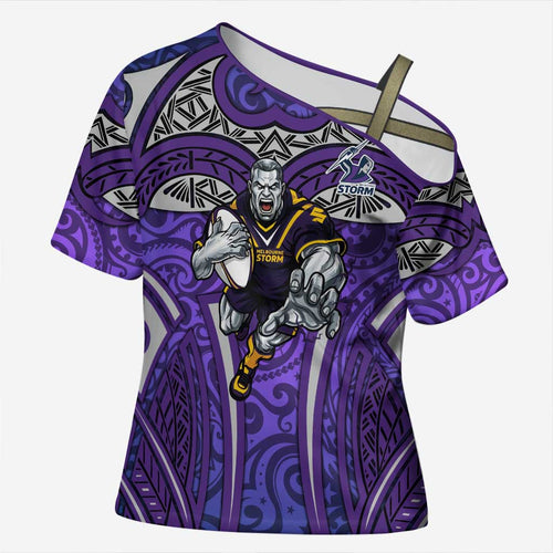 Melbourne Storm Rugby Cross Shoulder Shirt Polynesian Tribal Warrior Lightning Purple Pattern
