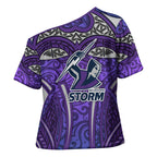 Melbourne Storm Rugby Cross Shoulder Shirt Polynesian Tribal Warrior Lightning Purple Pattern
