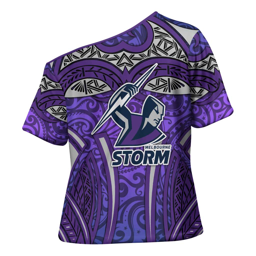 Melbourne Storm Rugby Cross Shoulder Shirt Polynesian Tribal Warrior Lightning Purple Pattern