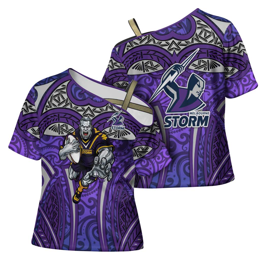 Melbourne Storm Rugby Cross Shoulder Shirt Polynesian Tribal Warrior Lightning Purple Pattern