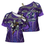 Melbourne Storm Rugby Cross Shoulder Shirt Polynesian Tribal Warrior Lightning Purple Pattern