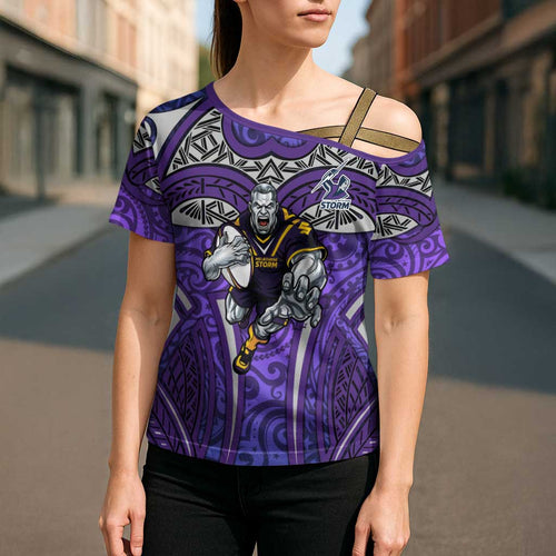 Melbourne Storm Rugby Cross Shoulder Shirt Polynesian Tribal Warrior Lightning Purple Pattern