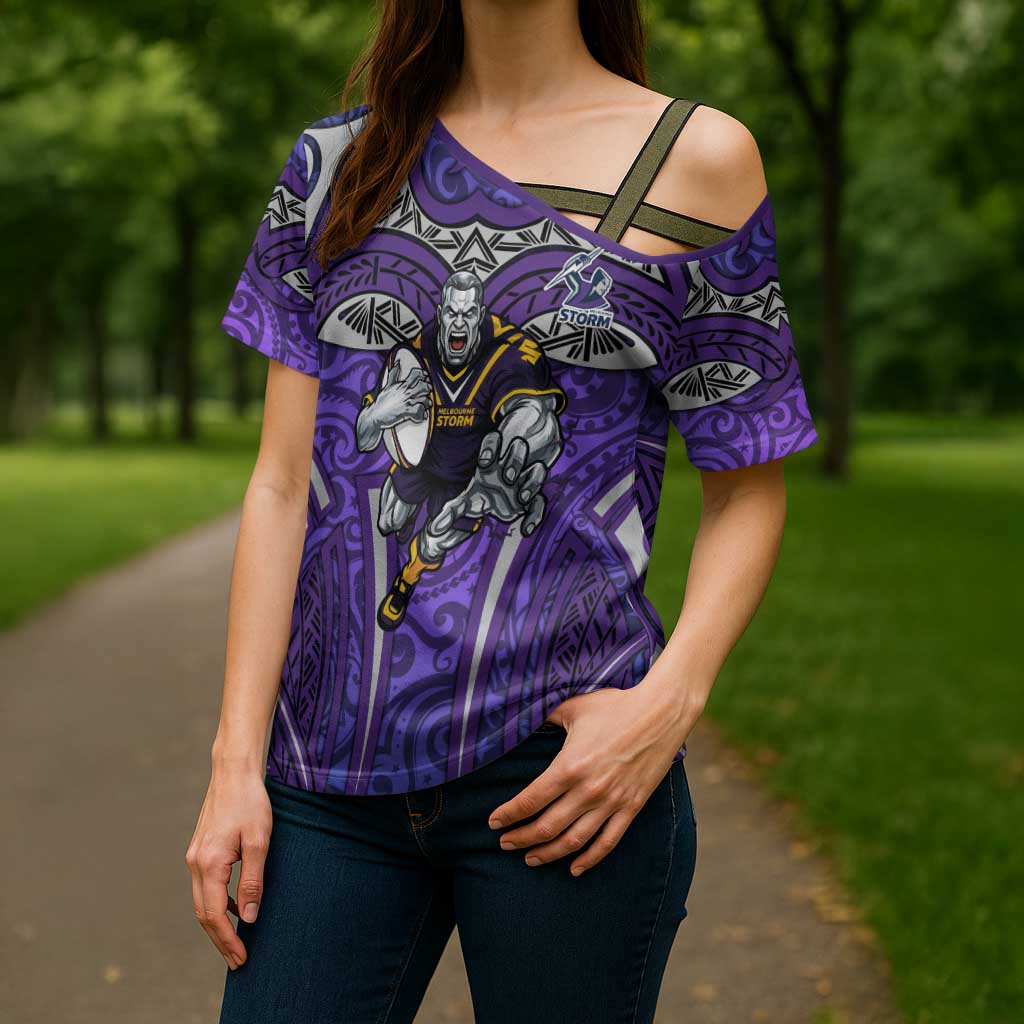 Melbourne Storm Rugby Cross Shoulder Shirt Polynesian Tribal Warrior Lightning Purple Pattern