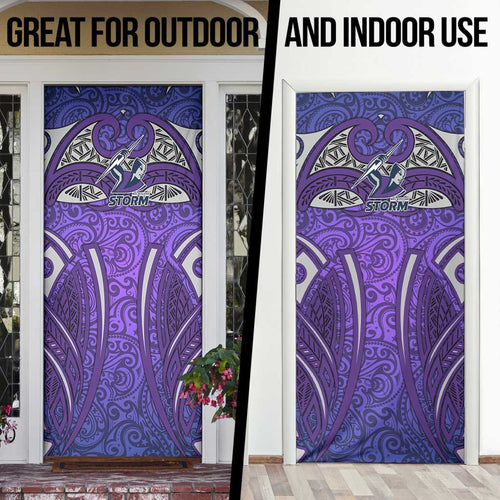 Melbourne Storm Rugby Door Cover Polynesian Tribal Warrior Lightning Purple Pattern