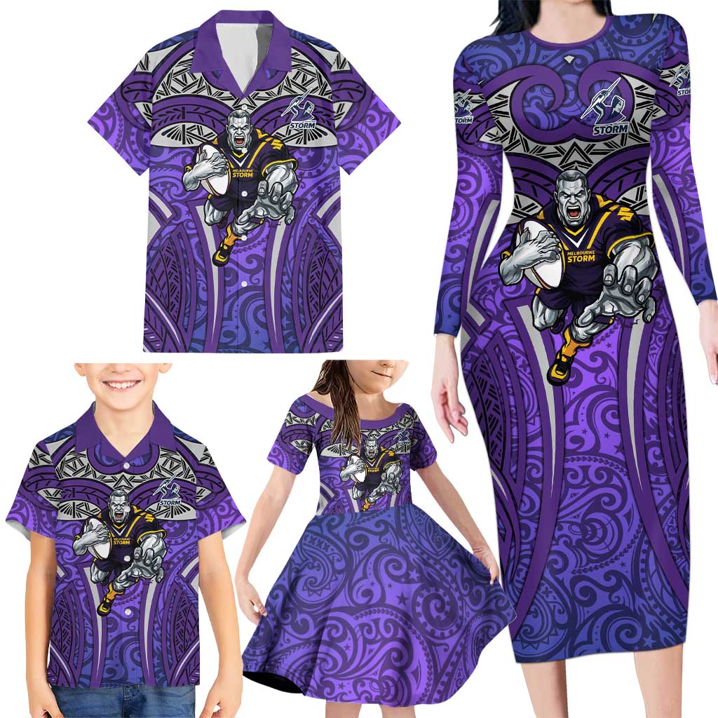 Melbourne Storm Rugby Family Matching Long Sleeve Bodycon Dress and Hawaiian Shirt Polynesian Tribal Warrior Lightning Purple Pattern