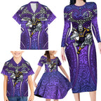 Melbourne Storm Rugby Family Matching Long Sleeve Bodycon Dress and Hawaiian Shirt Polynesian Tribal Warrior Lightning Purple Pattern