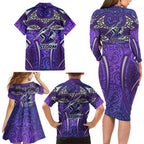 Melbourne Storm Rugby Family Matching Long Sleeve Bodycon Dress and Hawaiian Shirt Polynesian Tribal Warrior Lightning Purple Pattern