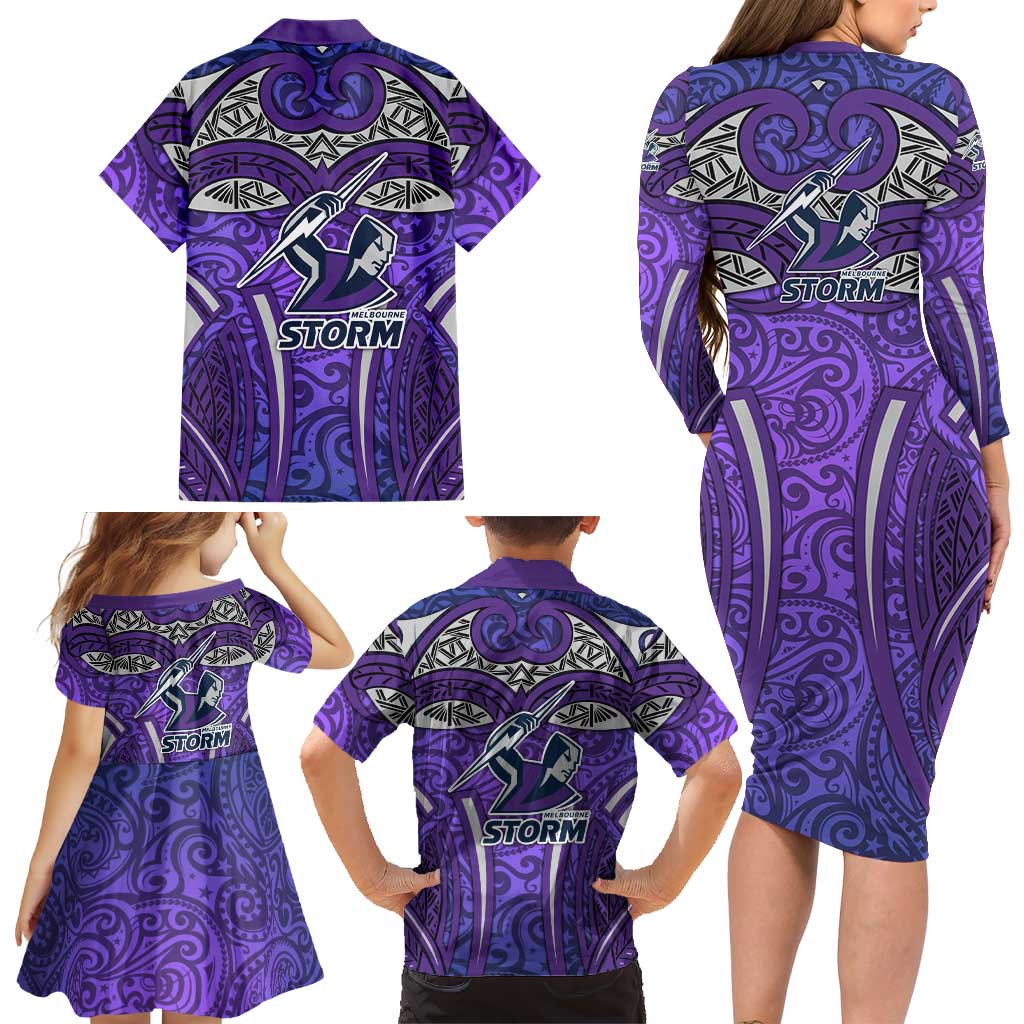 Melbourne Storm Rugby Family Matching Long Sleeve Bodycon Dress and Hawaiian Shirt Polynesian Tribal Warrior Lightning Purple Pattern