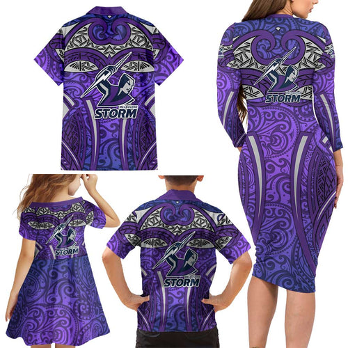 Melbourne Storm Rugby Family Matching Long Sleeve Bodycon Dress and Hawaiian Shirt Polynesian Tribal Warrior Lightning Purple Pattern