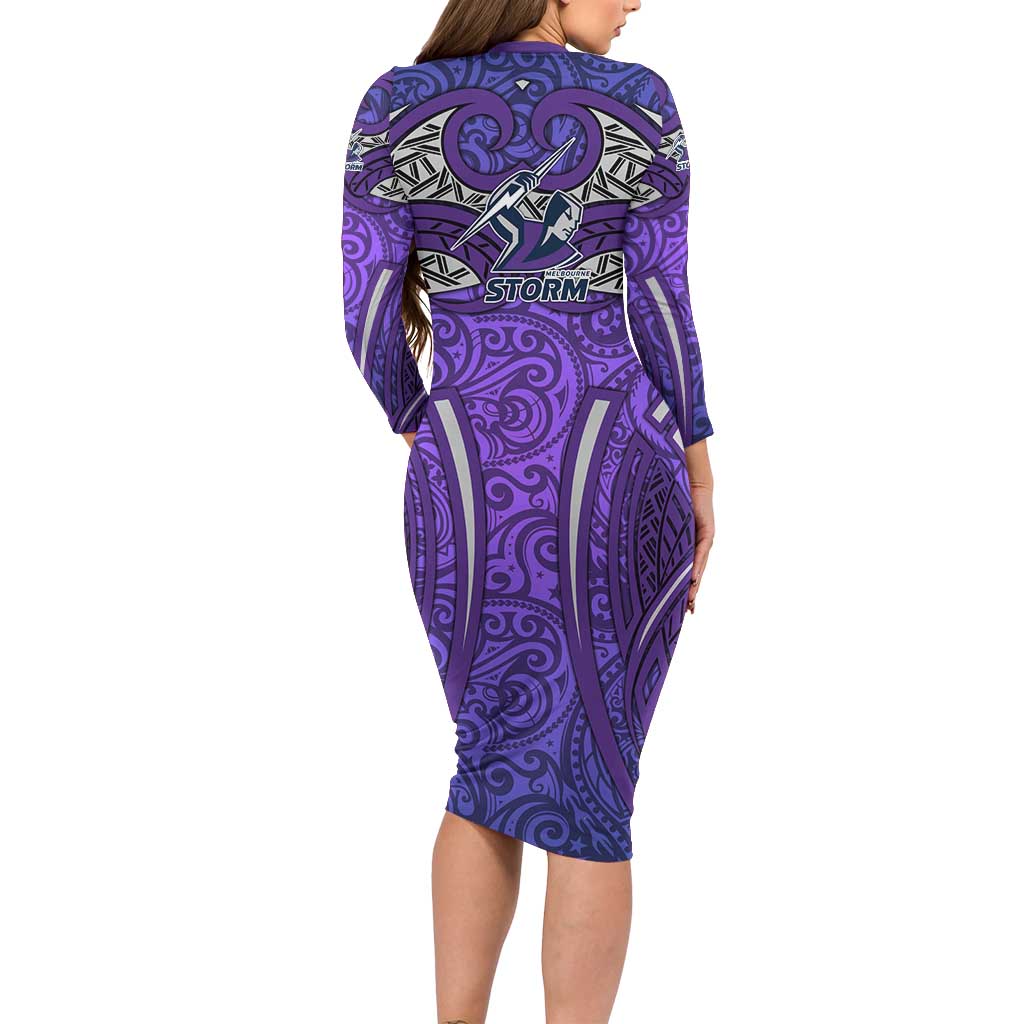 Melbourne Storm Rugby Family Matching Long Sleeve Bodycon Dress and Hawaiian Shirt Polynesian Tribal Warrior Lightning Purple Pattern