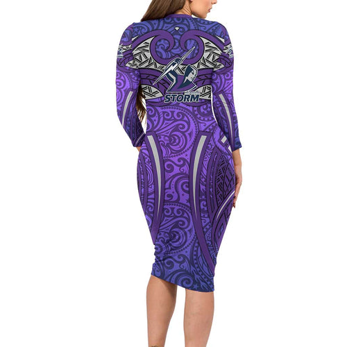 Melbourne Storm Rugby Family Matching Long Sleeve Bodycon Dress and Hawaiian Shirt Polynesian Tribal Warrior Lightning Purple Pattern