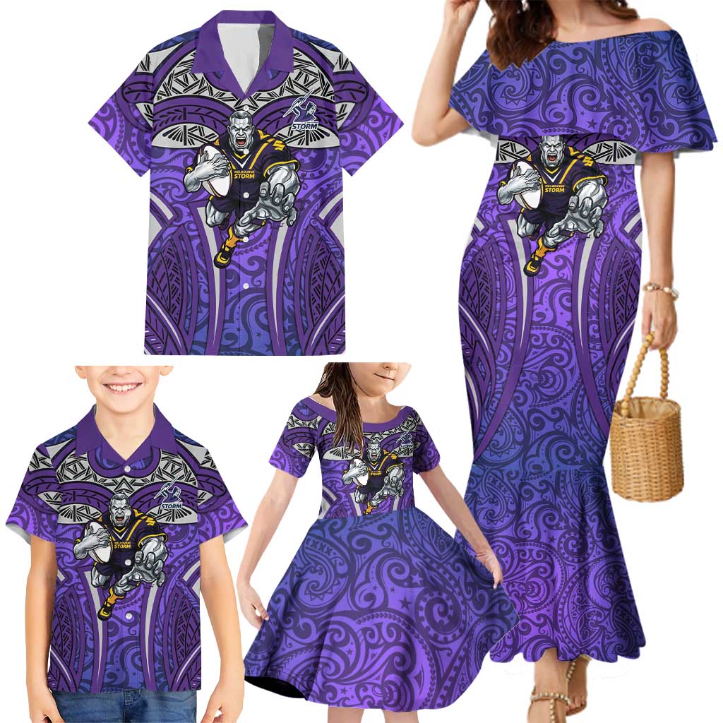 Melbourne Storm Rugby Family Matching Mermaid Dress and Hawaiian Shirt Polynesian Tribal Warrior Lightning Purple Pattern