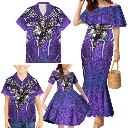 Melbourne Storm Rugby Family Matching Mermaid Dress and Hawaiian Shirt Polynesian Tribal Warrior Lightning Purple Pattern
