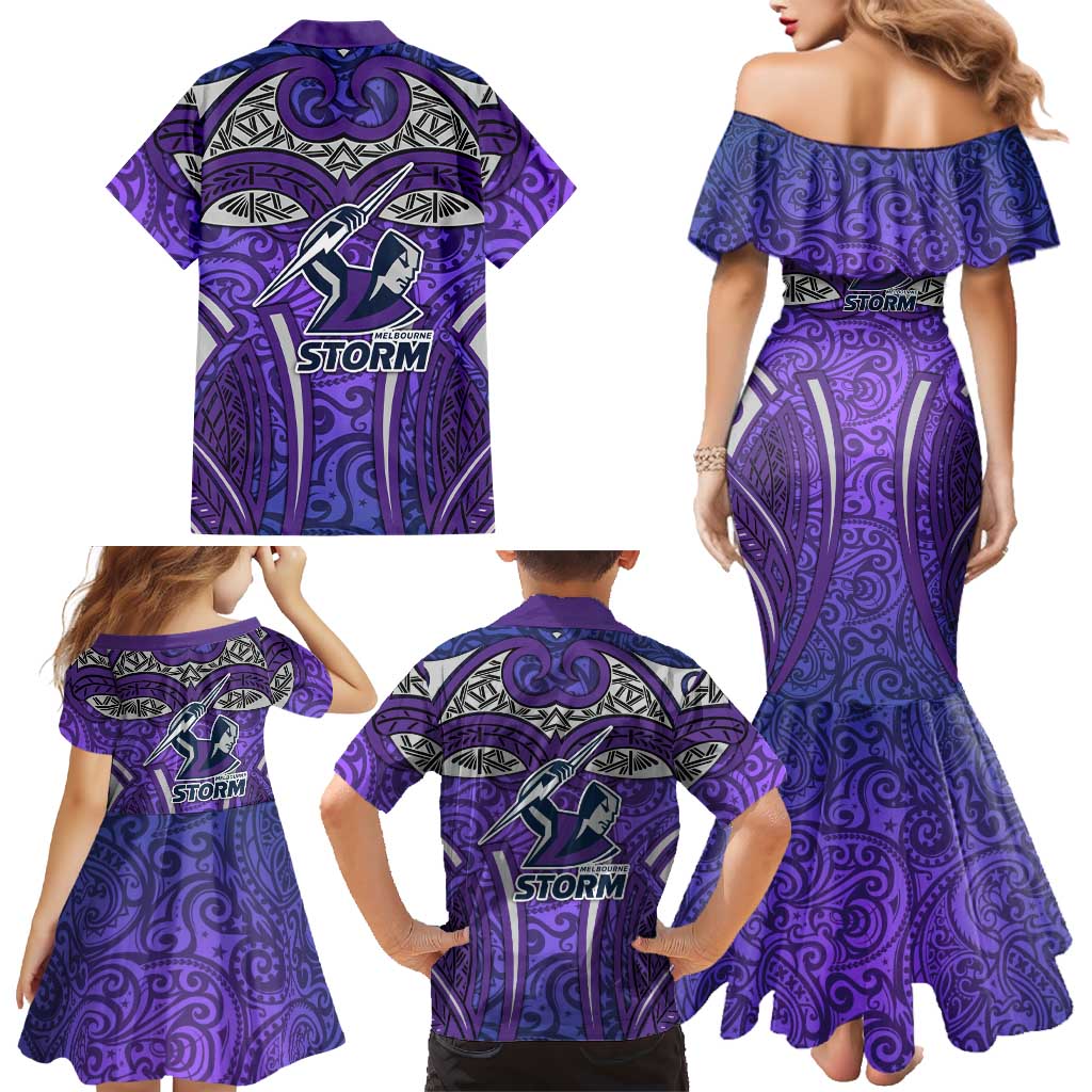 Melbourne Storm Rugby Family Matching Mermaid Dress and Hawaiian Shirt Polynesian Tribal Warrior Lightning Purple Pattern
