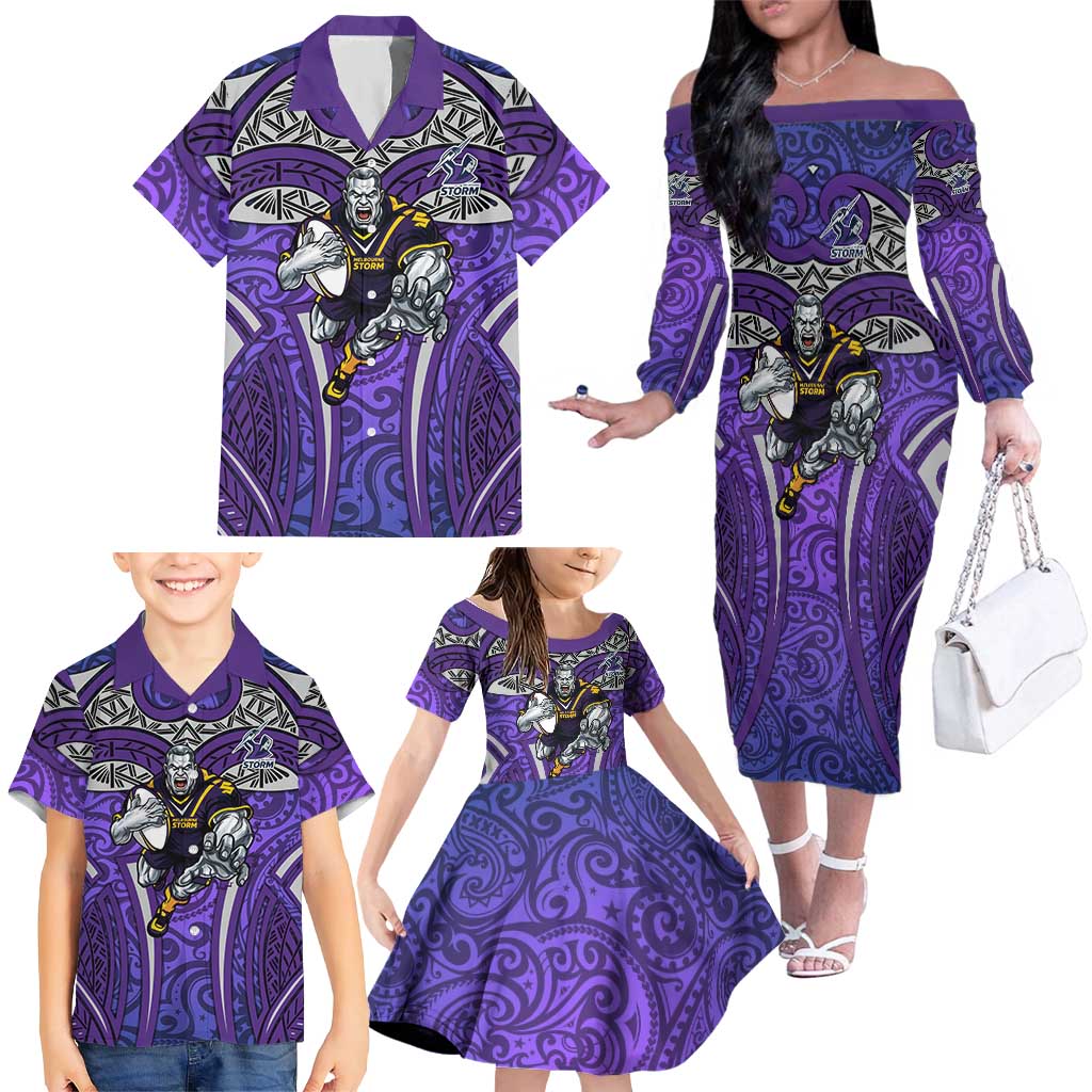 Melbourne Storm Rugby Family Matching Off The Shoulder Long Sleeve Dress and Hawaiian Shirt Polynesian Tribal Warrior Lightning Purple Pattern