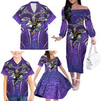 Melbourne Storm Rugby Family Matching Off The Shoulder Long Sleeve Dress and Hawaiian Shirt Polynesian Tribal Warrior Lightning Purple Pattern