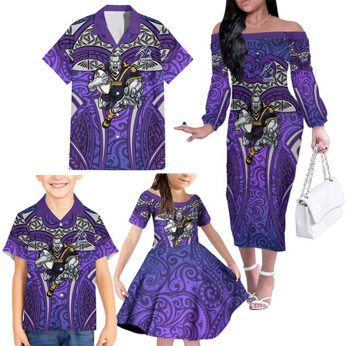 Melbourne Storm Rugby Family Matching Off The Shoulder Long Sleeve Dress and Hawaiian Shirt Polynesian Tribal Warrior Lightning Purple Pattern