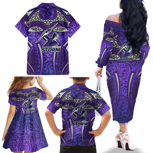 Melbourne Storm Rugby Family Matching Off The Shoulder Long Sleeve Dress and Hawaiian Shirt Polynesian Tribal Warrior Lightning Purple Pattern