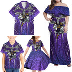 Melbourne Storm Rugby Family Matching Off Shoulder Maxi Dress and Hawaiian Shirt Polynesian Tribal Warrior Lightning Purple Pattern