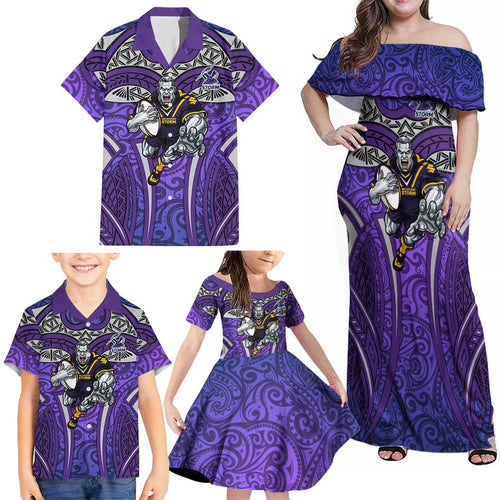 Melbourne Storm Rugby Family Matching Off Shoulder Maxi Dress and Hawaiian Shirt Polynesian Tribal Warrior Lightning Purple Pattern