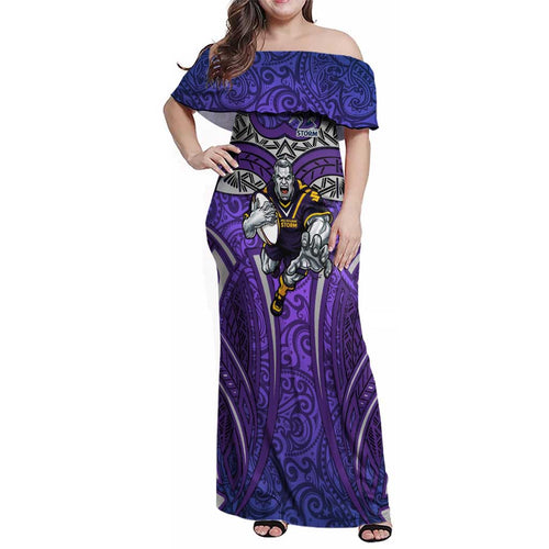 Melbourne Storm Rugby Family Matching Off Shoulder Maxi Dress and Hawaiian Shirt Polynesian Tribal Warrior Lightning Purple Pattern