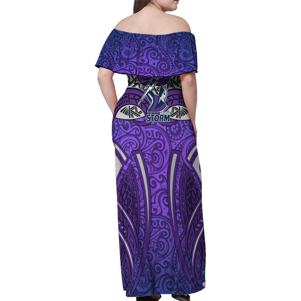 Melbourne Storm Rugby Family Matching Off Shoulder Maxi Dress and Hawaiian Shirt Polynesian Tribal Warrior Lightning Purple Pattern
