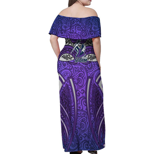 Melbourne Storm Rugby Family Matching Off Shoulder Maxi Dress and Hawaiian Shirt Polynesian Tribal Warrior Lightning Purple Pattern