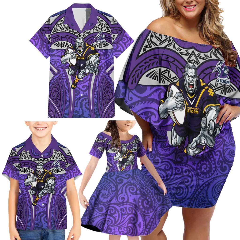 Melbourne Storm Rugby Family Matching Off Shoulder Short Dress and Hawaiian Shirt Polynesian Tribal Warrior Lightning Purple Pattern