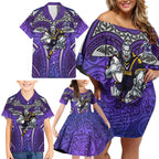 Melbourne Storm Rugby Family Matching Off Shoulder Short Dress and Hawaiian Shirt Polynesian Tribal Warrior Lightning Purple Pattern