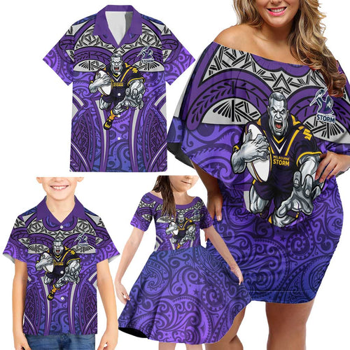 Melbourne Storm Rugby Family Matching Off Shoulder Short Dress and Hawaiian Shirt Polynesian Tribal Warrior Lightning Purple Pattern