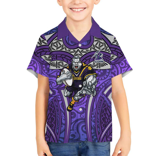 Melbourne Storm Rugby Family Matching Off Shoulder Short Dress and Hawaiian Shirt Polynesian Tribal Warrior Lightning Purple Pattern