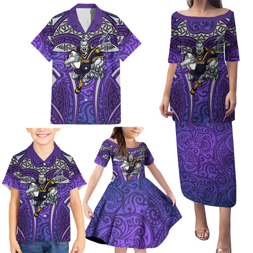 Melbourne Storm Rugby Family Matching Puletasi and Hawaiian Shirt Polynesian Tribal Warrior Lightning Purple Pattern