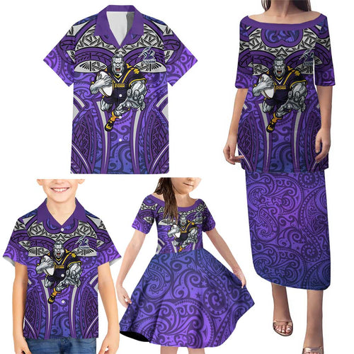 Melbourne Storm Rugby Family Matching Puletasi and Hawaiian Shirt Polynesian Tribal Warrior Lightning Purple Pattern