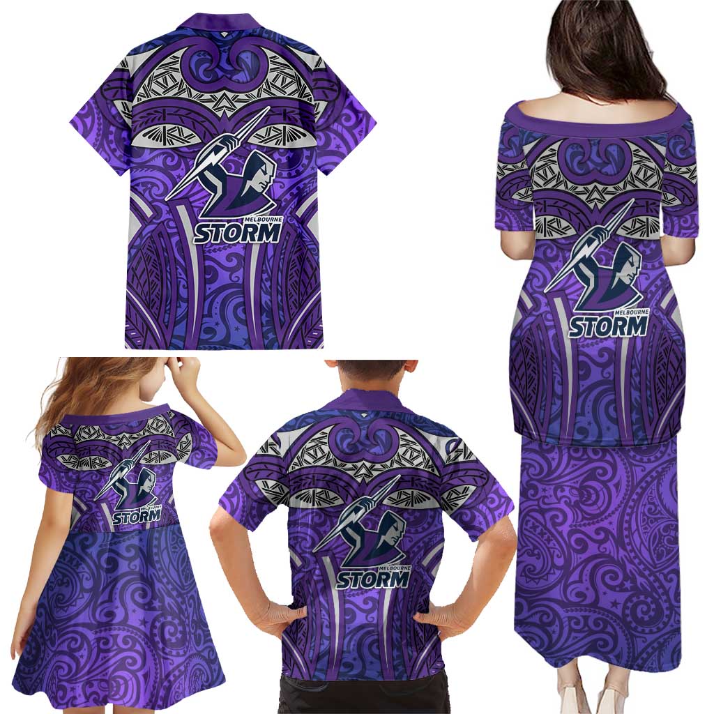 Melbourne Storm Rugby Family Matching Puletasi and Hawaiian Shirt Polynesian Tribal Warrior Lightning Purple Pattern