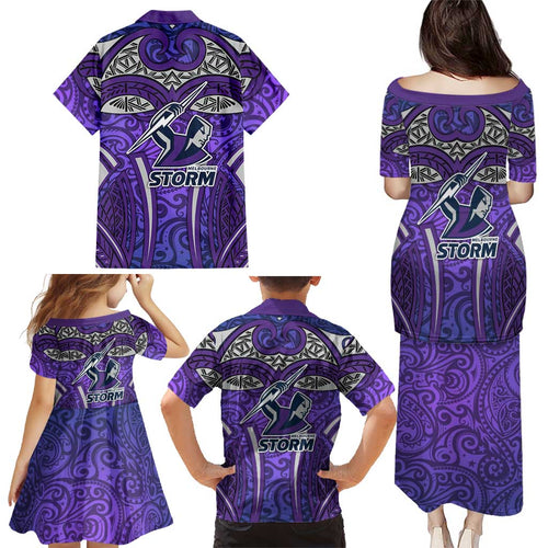Melbourne Storm Rugby Family Matching Puletasi and Hawaiian Shirt Polynesian Tribal Warrior Lightning Purple Pattern