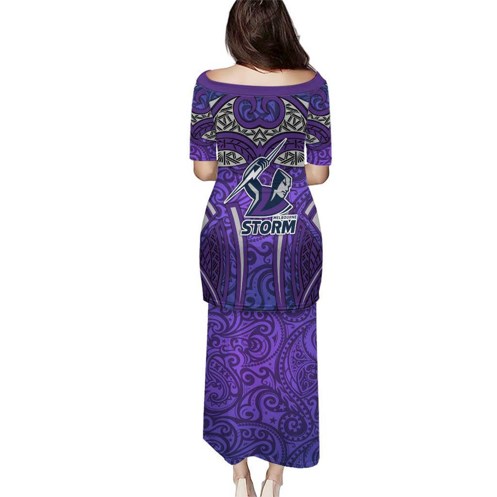 Melbourne Storm Rugby Family Matching Puletasi and Hawaiian Shirt Polynesian Tribal Warrior Lightning Purple Pattern