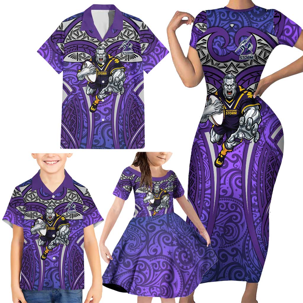 Melbourne Storm Rugby Family Matching Short Sleeve Bodycon Dress and Hawaiian Shirt Polynesian Tribal Warrior Lightning Purple Pattern