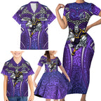 Melbourne Storm Rugby Family Matching Short Sleeve Bodycon Dress and Hawaiian Shirt Polynesian Tribal Warrior Lightning Purple Pattern
