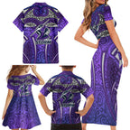 Melbourne Storm Rugby Family Matching Short Sleeve Bodycon Dress and Hawaiian Shirt Polynesian Tribal Warrior Lightning Purple Pattern