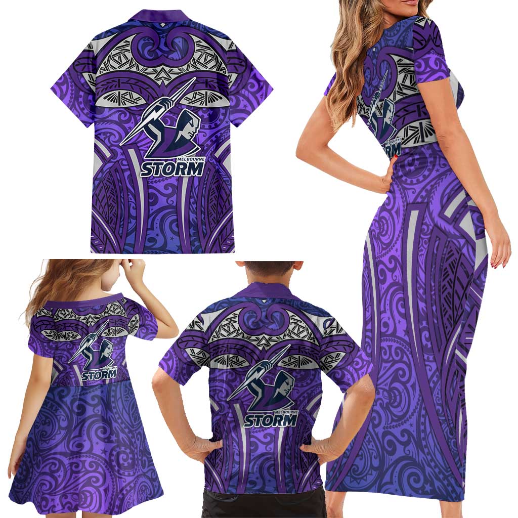 Melbourne Storm Rugby Family Matching Short Sleeve Bodycon Dress and Hawaiian Shirt Polynesian Tribal Warrior Lightning Purple Pattern